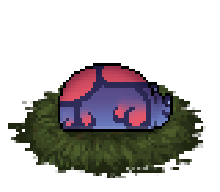 Pixel art of a thin purple-blue slugcat with red spot markings, curled up so only its back is visible. There are two pale spots on the back of its ears.